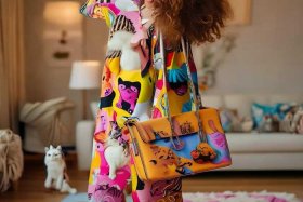 女士拎包图片；女士拎包图片有8只猫图案的衣服