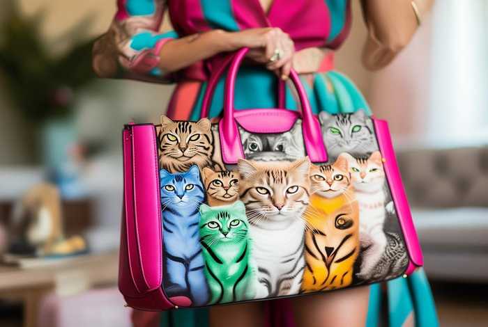 女士拎包图片；女士拎包图片有8只猫图案的衣服