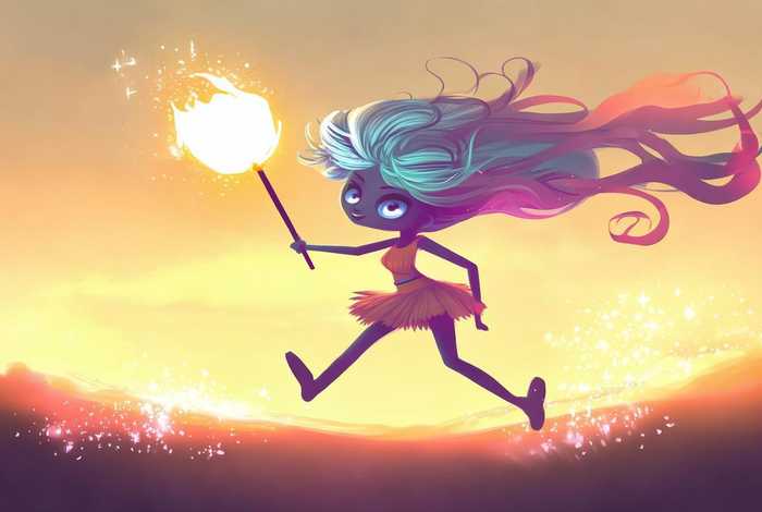 卡通图案的小女孩高举火炬奔跑的背影图，卡通小女孩奔跑的图片